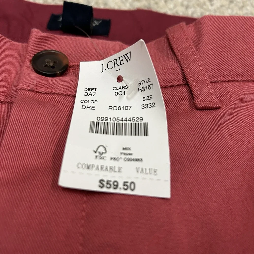 J Crew Slim Fit Chino Pants Mens 33x32 Pink Straight Flex New with Tags‎ NWT